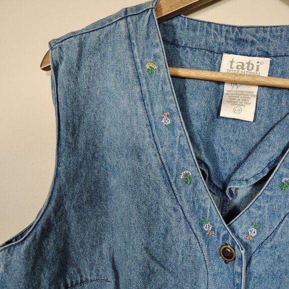 Vtg 90s Denim Vest Embroidered Sheep Flowers Cottagecore Farmhouse Country L - Picture 4 of 10